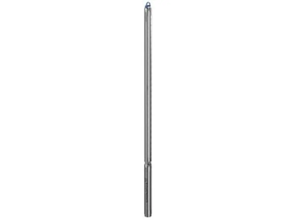 Grundfos Unterwasserpumpe in schlanker Form aus Metall, mit dünnem Rohr und blauen Akzenten oben, geeignet für den Einsatz in Brunnen.